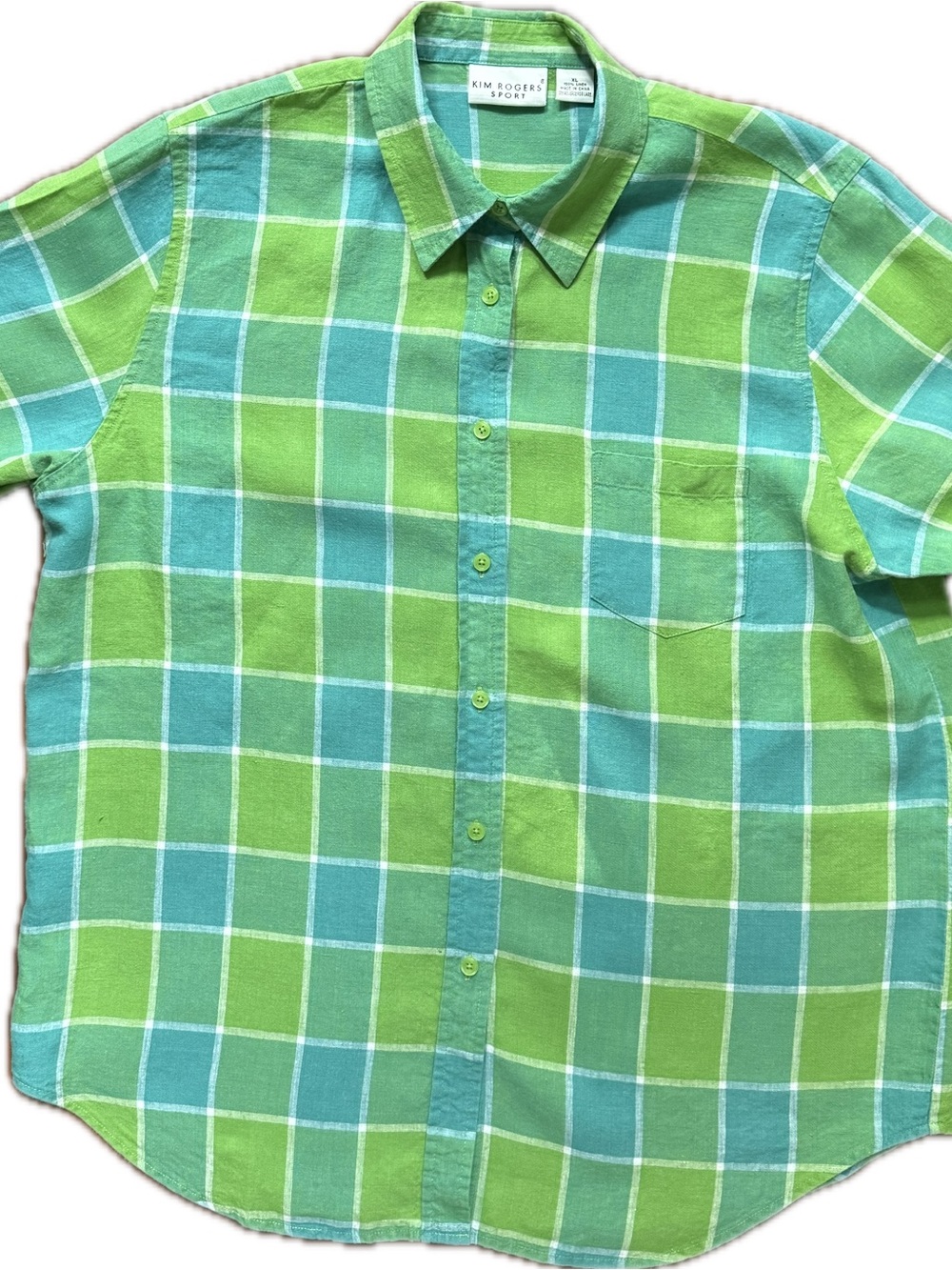 Kim Rogers Bright Green & Teal Plaid Short-Sleeve Button-Down